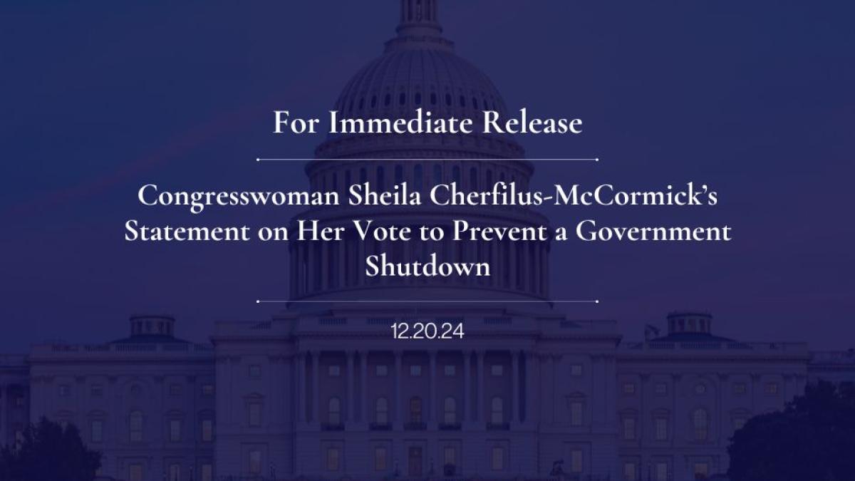 Congresswoman Sheila Cherfilus-McCormick’s Statement on Her Vote to Prevent a Government Shutdown
