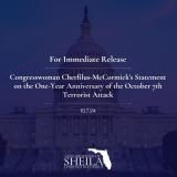 Graphic stating "For Immediate Released: Congresswoman Cherfilus-McCormick's Statement on the One-Year Anniversary of the October 7th Terrorist Attack