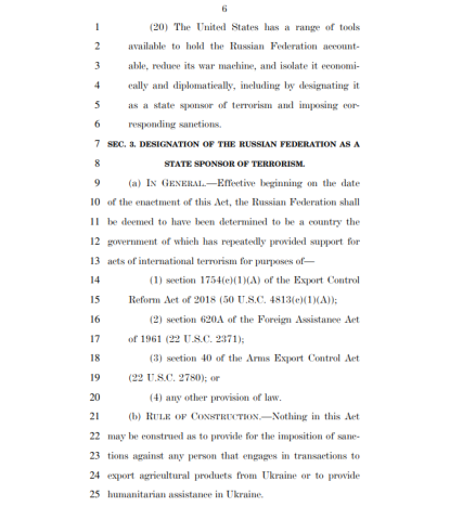 Russia is a State Sponsor of Terrorism Act Bill Text